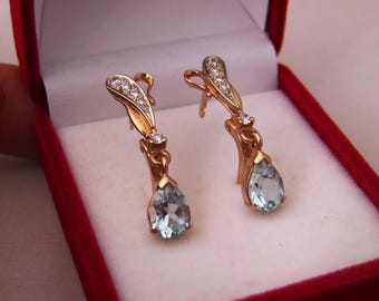 14k 585 Gold Earrings | Natural Blue Topaz & Zircon | 4.7g Elegant Pre-Owned Jewelry | Classic Chic Gemstone Gift