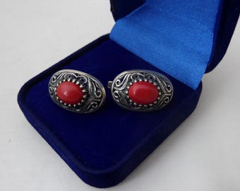 Vintage Sterling Silver 925 Red Coral Earrings | Natural Gemstone Jewelry | Hallmarked | 6.8g Elegant Gift for Her
