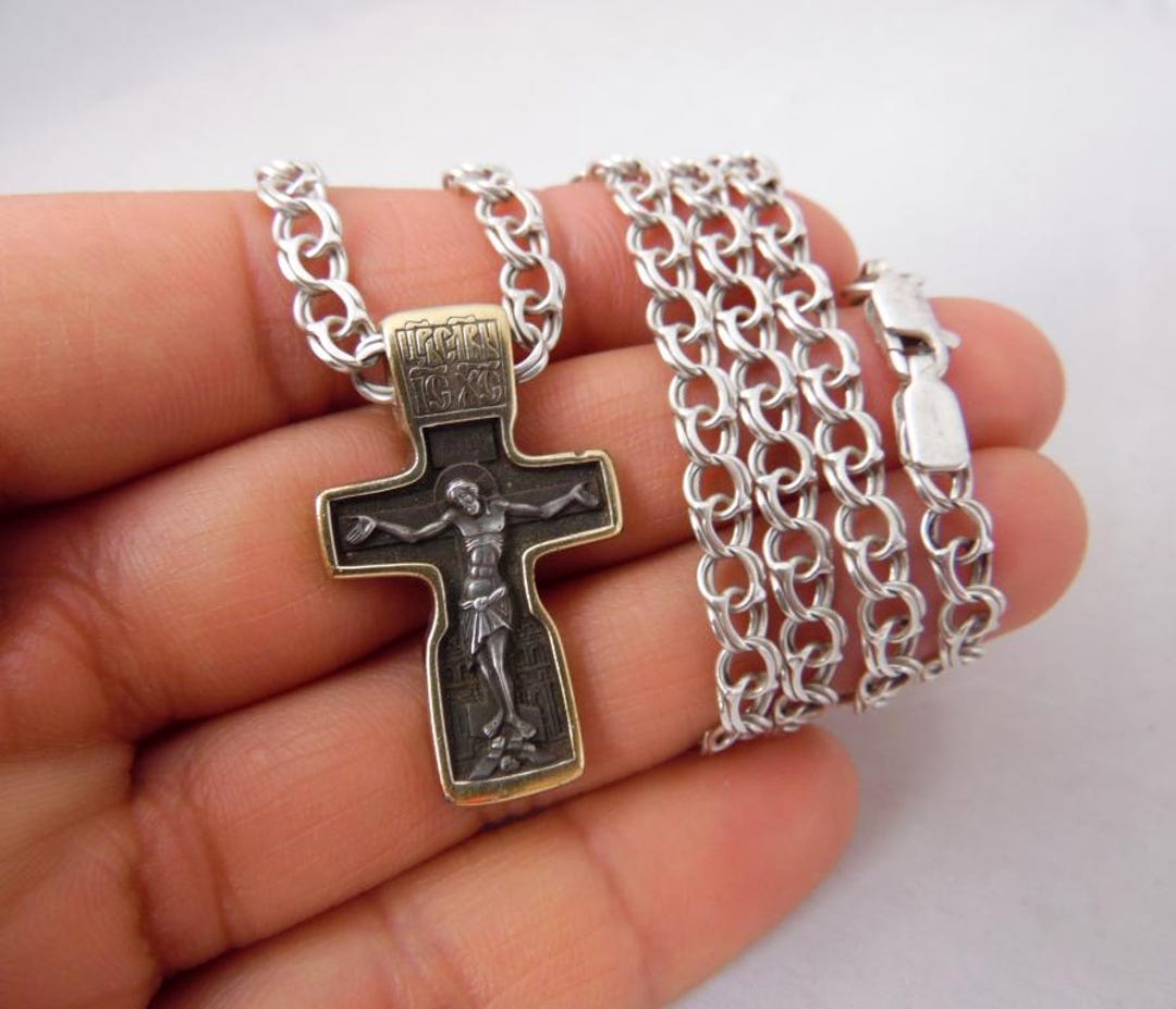 Russian Sterling Silver 925 Orthodox Crucifix Pendant Cross With Chain ...