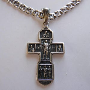 Sterling Silver 925 Orthodox Crucifix Pendant Icon Cross With Chain 43.6 gr