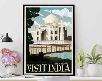 India Vintage Travel Poster, Taj Mahal, Travel, Decoration, Wall Art, India