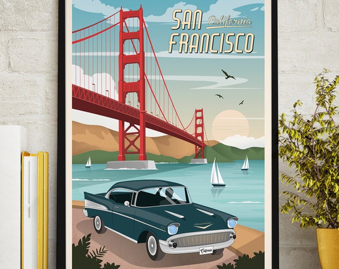 San Francisco Vintage Travel Poster, Golden Gate, California Travel Poster, Chevrolet, Decoration, Wall Art, USA