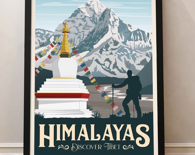 Tibet Vintage Travel Poster, Tibet Travel poster, Everest, Himalayas,, Decoration, Wall Art, Asia