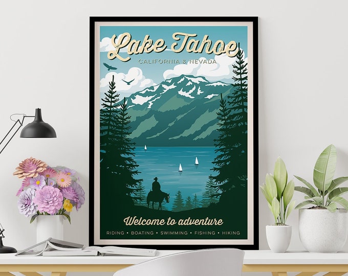 Lake Tahoe print, Vintage Travel Poster, Lake Tahoe poster, Travel, Decoration, USA, Nevada, California