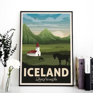 Iceland Vintage Travel Poster, Iceland travel print, land of ice and fire, Travel, Decoration, Wall Art