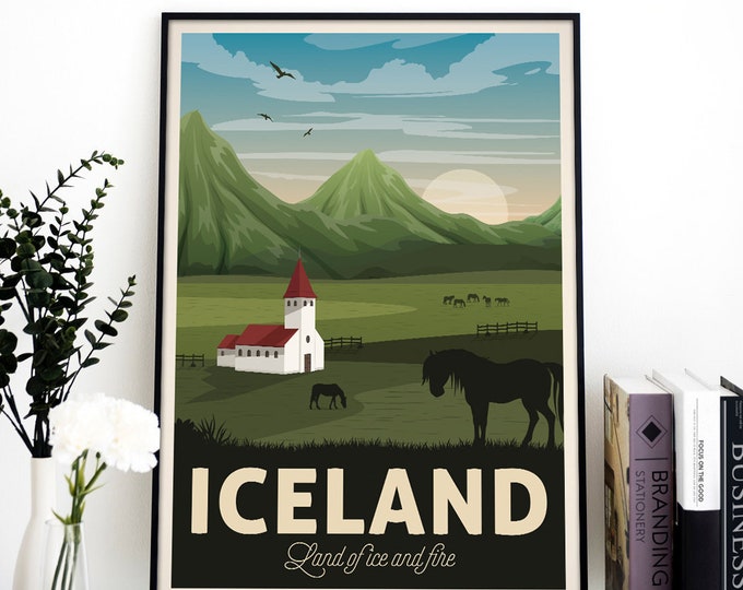 Iceland Vintage Travel Poster, Iceland travel print, land of ice and fire, Travel, Decoration, Wall Art