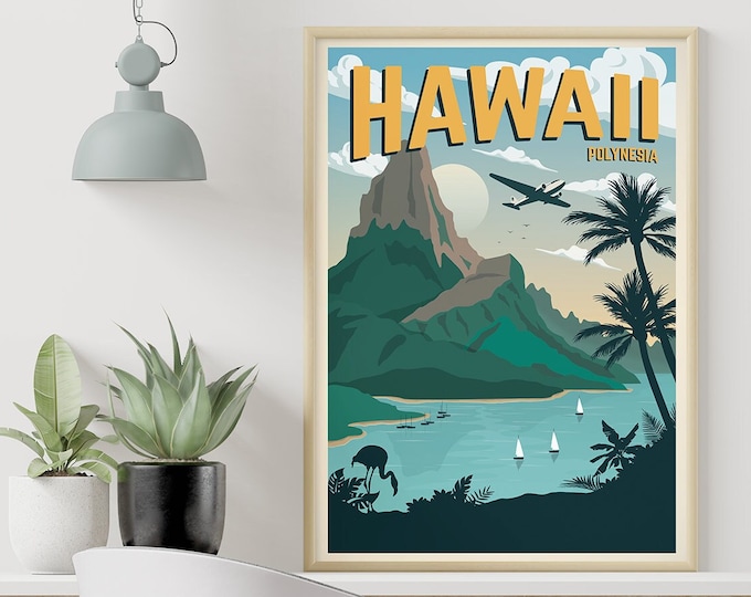 Hawaii Vintage Travel Poster, Travel, Decoration, Wall Art, Exotic, Polynesia