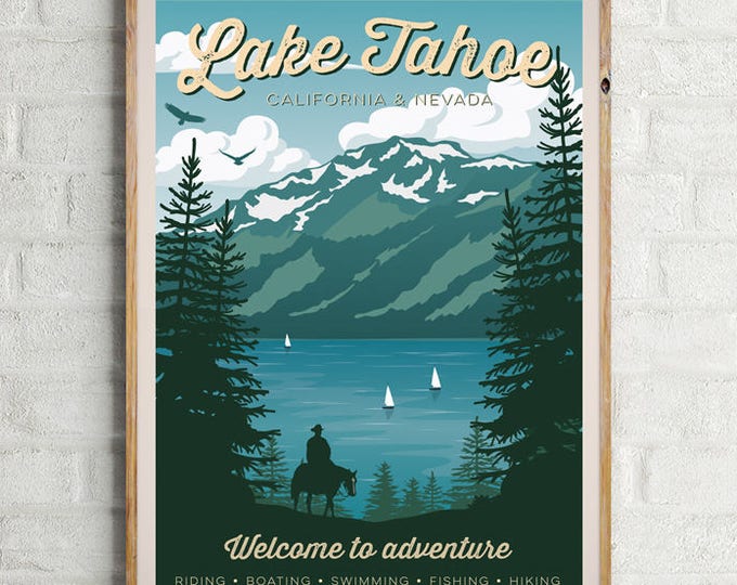 Vintage Travel Poster, Lake Tahoe, Travel, Decoration, Wall Art, USA, Nevada, California