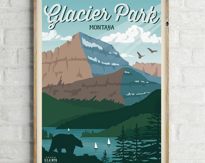 Glacier National Park Poster, Vintage Travel Poster, Glacier Travel poster, Decoration, Wall Art, USA travel poster, Montana