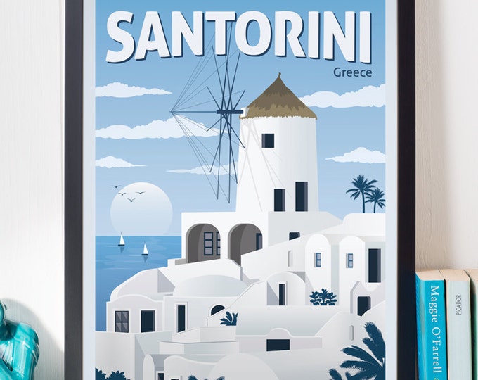 Santorini Vintage Travel Poster, Santorini travel print, Mills, Travel, Decoration, Wall Art, Greece