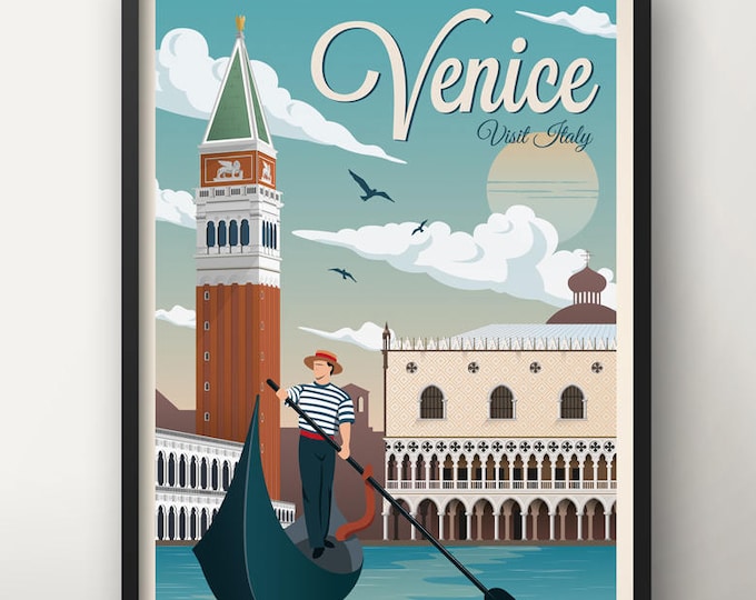 Venice Vintage Travel Poster, Travel, Decoration, Wall Art, Italy, Gondolier