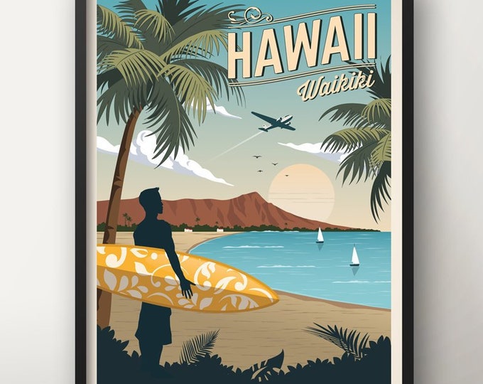 Hawaii Vintage Travel Poster, Surf Poster, Waikiki, Travel, Decoration, Wall Art, Exotic, Polynesia