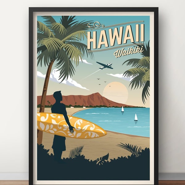 Hawaii Vintage Travel Poster, Surf Poster, Waikiki, Travel, Decoration, Wall Art, Exotic, Polynesia