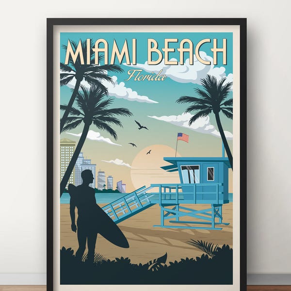 Affiche Vintage Miami, Voyage, USA, Affiche, Affiche de voyage Vintage, Décoration, Lamina, Antique, Estampes