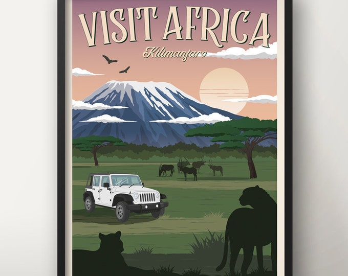 Africa Vintage Travel Poster, Kilimanjaro, Tanzania, Travel, Decoration, Wall Art