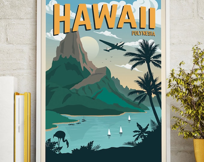 Hawaii Vintage Travel Poster, Travel, Decoration, Wall Art, Exotic, Polynesia