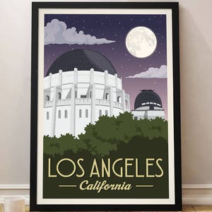 LA Vintage Travel Poster, Los Angeles, Travel, Decoration, Griffith observatory, Wall Art, USA
