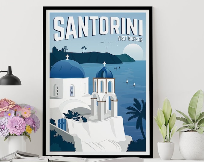 Santorini Vintage Travel Poster, Greece travel poster, Travel, Decoration, Wall Art, Greece