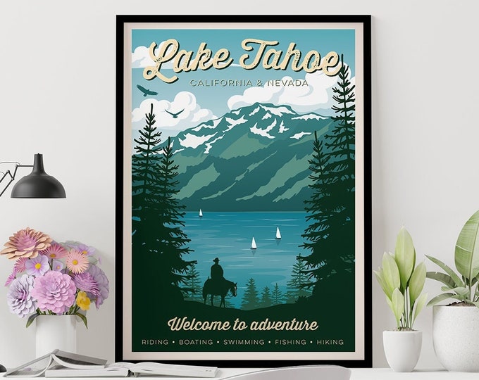 Lake Tahoe Vintage Travel Poster, Lake Tahoe print, California poster, Wall Art, USA, Nevada