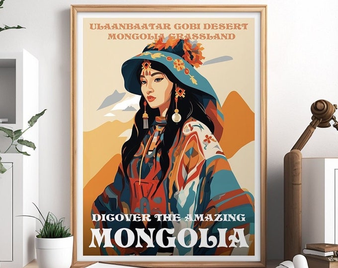 Mongolia Vintage Travel Poster, Travel, Mongolian woman, Decoration, Wall Art