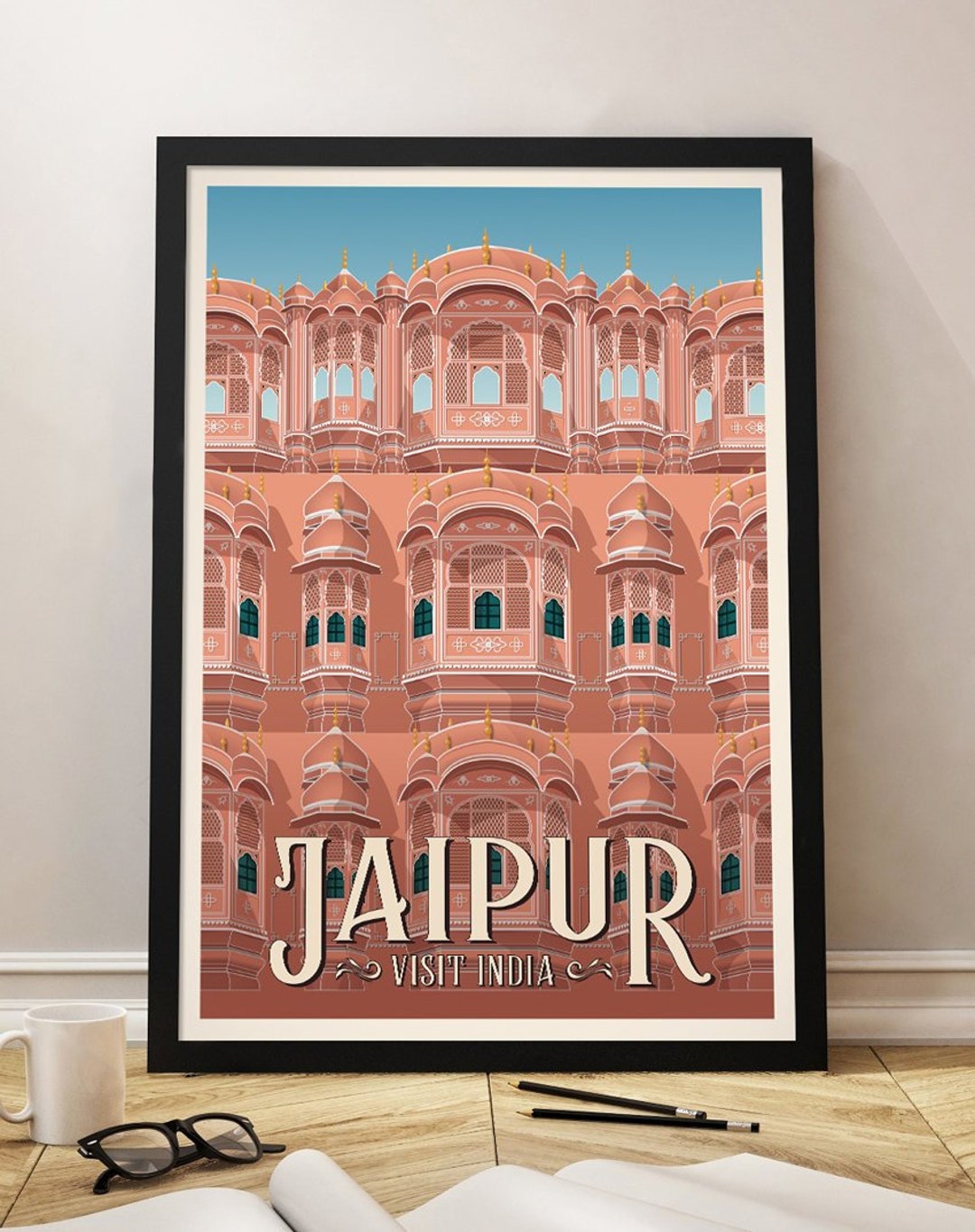 India Vintage Travel Poster, Jaipur, Palace of the Winds, Travel