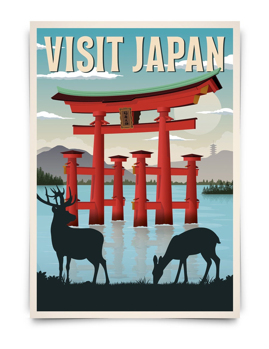 Japan Vintage Travel Poster, Miyajima island poster, Torii, Japan