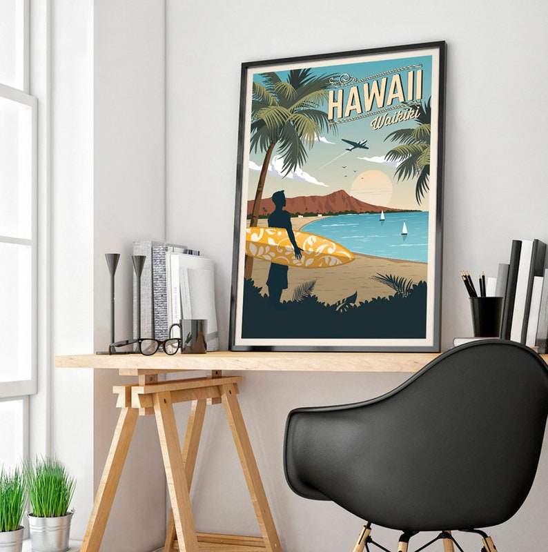 Hawaii Vintage Travel Poster Surf Poster Waikiki Travel | Etsy