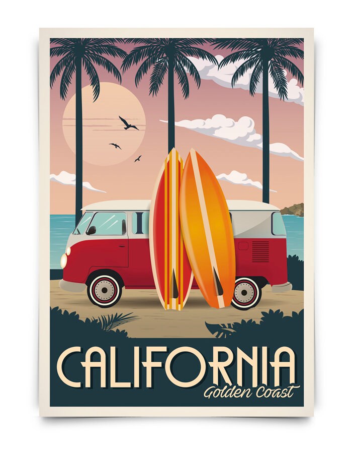 California Vintage Travel Poster Golden Coast Travel Etsy