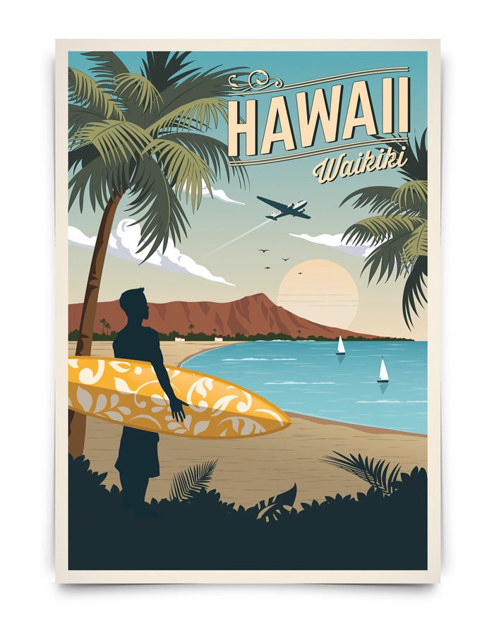 Hawaii Vintage Travel Poster Surf Poster Waikiki Travel Etsy UK