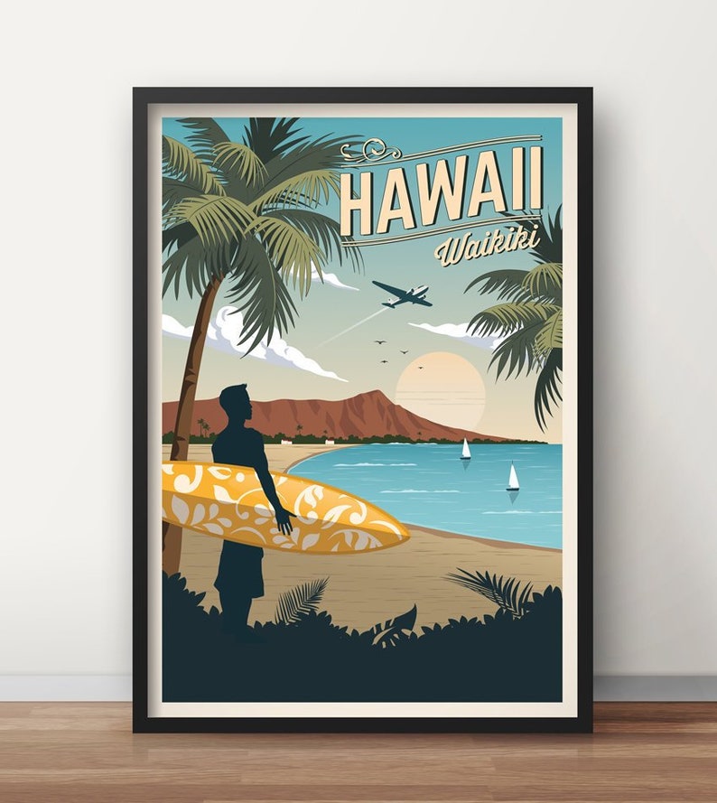 Hawaii Vintage Travel Poster Surf Poster Waikiki Travel | Etsy