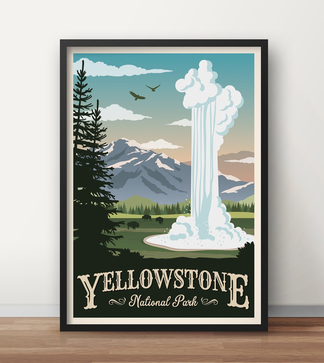 Glow Decor Blue and Green Yellowstone National Parks Wall Art Decor 18 x  24