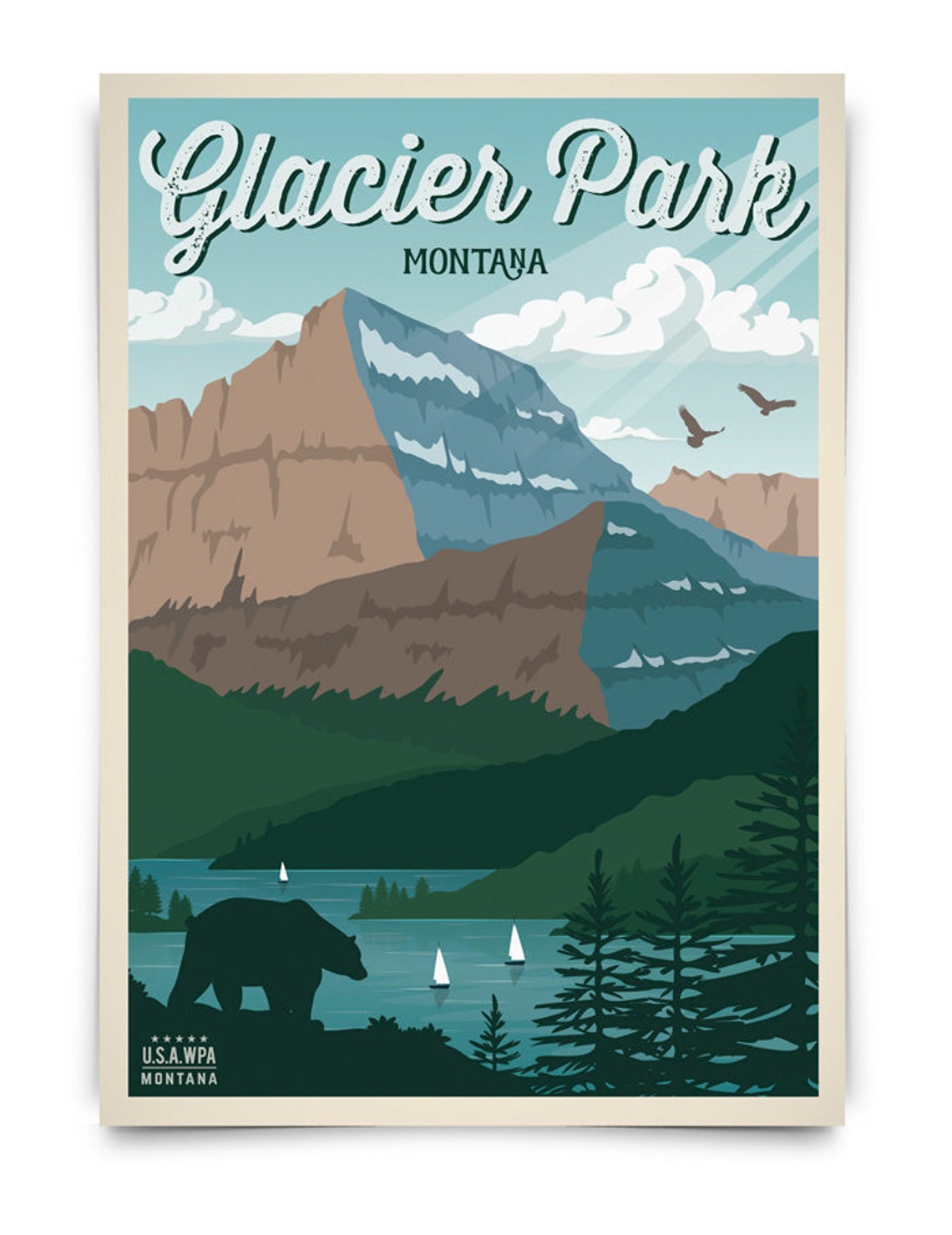 Glacier National Park Poster Vintage Travel Poster Glacier | Etsy