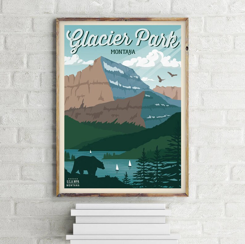 Glacier National Park Poster Vintage Travel Poster Glacier - Etsy
