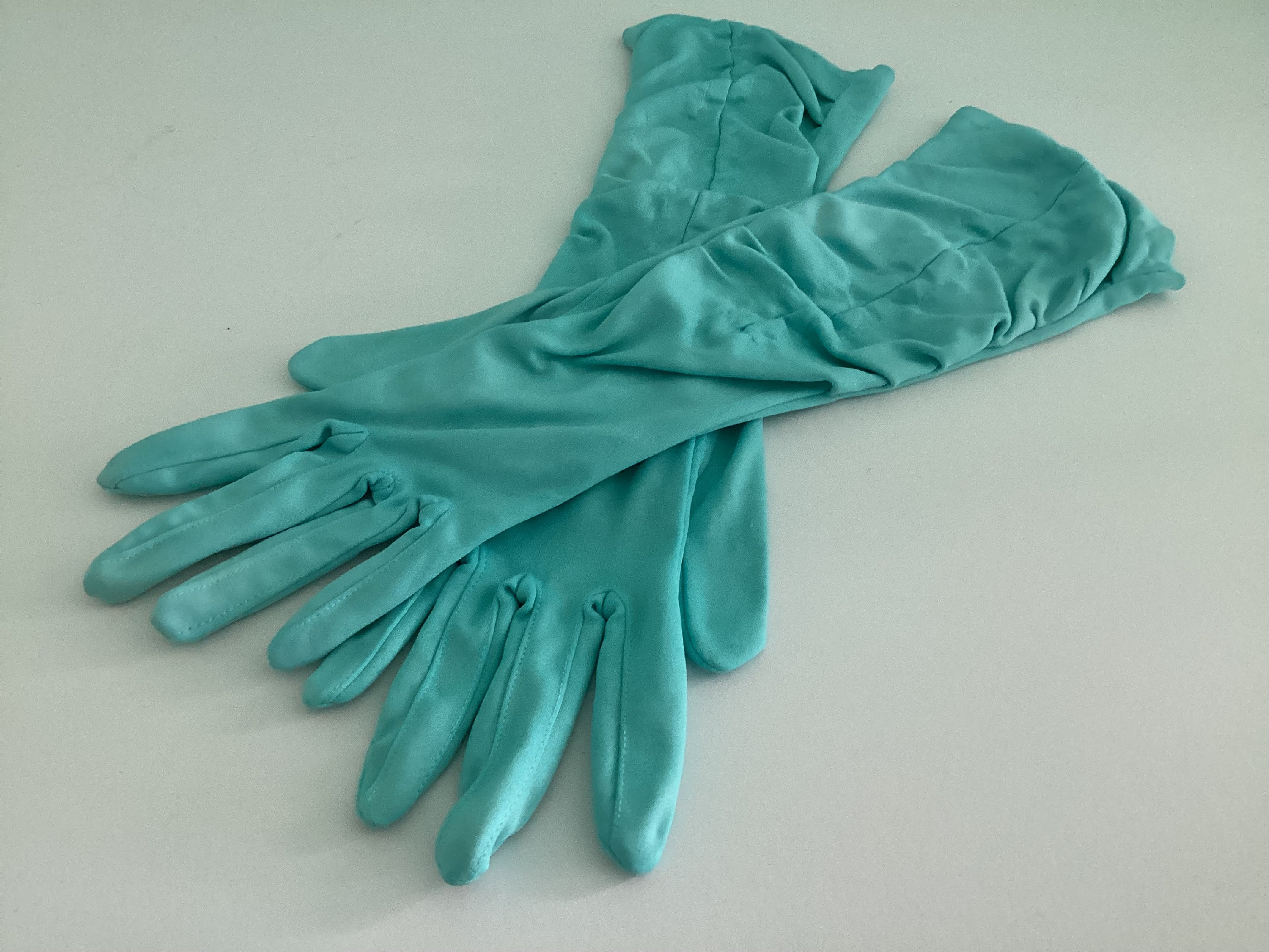 Vintage Gloves - Turquoise - Mid Length Rouched - Size 6 1/2- 1960's  #20462
