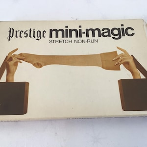 May include: A vintage box of "Prestige mini-magic" stretch non-run hosiery. The box features a beige background with the product name in elegant black script. The illustration shows a pair of hands holding up a stocking. The box is slightly worn.