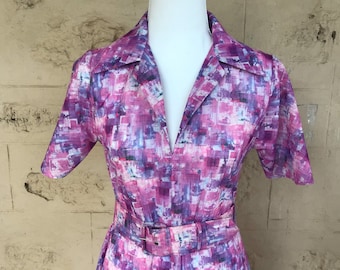 Vintage Pink Maxi Dress - Pink and White Print - 1970's  #20338