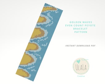 Golden Waves Peyote Bracelet Pattern, Peyote bookmark digital Pattern, Miyuki Delica Beads, Seed Beads Pattern, Gold, Blue, Yellow,
