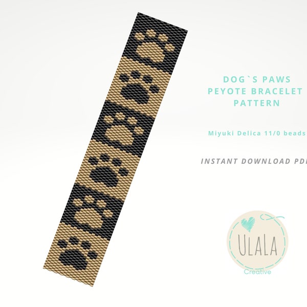 Dogs Paws gold peyote bracelet pattern, Bracelet Cuff, Bookmark, Seed Beading Pattern Miyuki Delica Size 11 Beads - PDF Instant Download