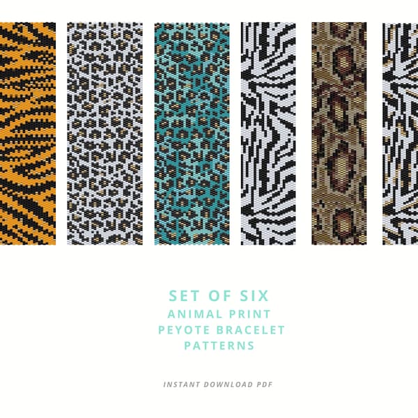 Set of sixs animal print peyote patterns, Cuff bracelet seed bead peyote pattern, Bookmark peyote pattern, Miyuki Delica Beads 11/0 digital