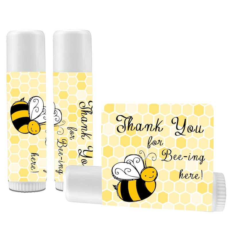 12 Favores de Bálsamo Labial Favores de Bálsamo Labial de Abeja Amarillo y Negro Baby Shower de Abejas Cumpleaños de Abejas Favores de Abejas Gracias por Estar Aquí imagen 2