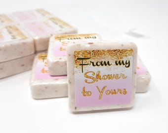 12 jabones con purpurina rosa y dorada para regalar - Jabones para baby shower en rosa y dorado - Jabones de From My Shower To Yours - Jabones para baby shower - Jabones para despedida de soltera