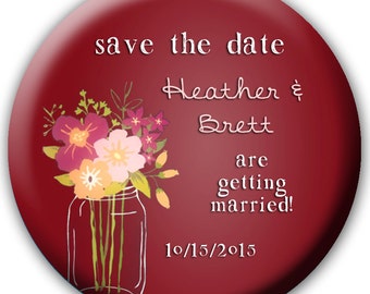 24 Save the Date Favors - Save the Date Buttons - Save the Date Magnets - Save the Date Bottle Openers - dark Red Wedding -Mason Jar Wedding