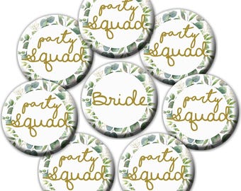 8 Botones para la novia y el grupo de invitados - Botones para despedida de soltera - Regalos para despedida de soltera - Despedida de soltera con vegetación