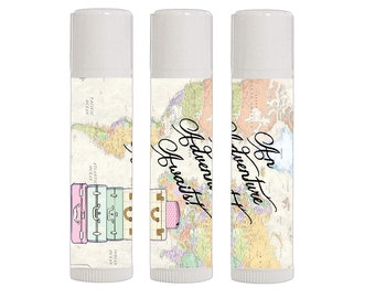 12 Travel Theme Lip Balm Favors Pre-Labeled - Adventure Awaits - Travel Theme Baby Shower - Travel Theme Wedding -Travel Theme Bridal Shower