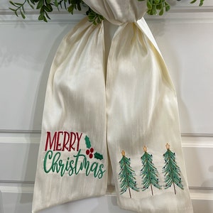 Christmas Wreath Sash - with Merry Christmas on one side and a trio of Christmas trees on the other; Red and green