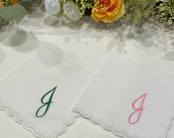 Monogrammed Handkerchief Gift, Embroidered Handkerchief, Initial " J ”, Ladies White Cotton Handkerchief, Pink Gift, Green Gift