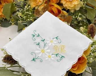 Personalized Handkerchiefs, Embroidered Handkerchief, Monogram Handkerchief, Flowers, Daisies Handkerchief, Bridal Gift