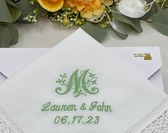 White Wedding Handkerchief - Embroidered Lace Handkerchief - Personalized Bride and Groom Handkerchief - Cotton Handkerchief for Bride