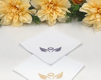 Memorial Gift Handkerchief, Sympathy Handkerchief Gift, Embroidered Handkerchief - Halo Angel Wings, Personalized Handkerchief, Unisex Gift