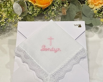Girl Baptism Handkerchief Gift  - Communion Gift - Personalized Name Gift- Embroidered Monogram Handkerchief  -White Lace Handkerchief